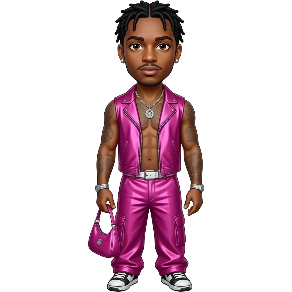 Lil Nas X with brown eyes, black hair, fuchsia metallic vest, fuchsia metallic baggy loose pants, shirtless with necklace and earrings emoji