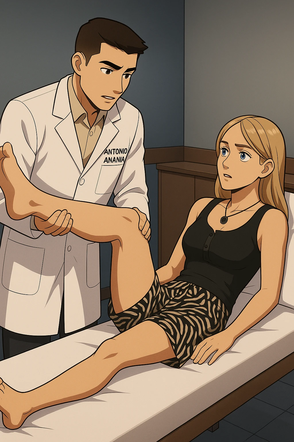 fai un webtoon/manga a colori con questo kinesiologo in camice bianco (fagli la scritta "ANTONIO ANANIA" SUL CAMICE) CHE SVOLGE UN TEST NEUROMUSCOLARE SOLLEVANDO UNA GAMBA ALLA RAGAZZA CHE è STESA SU UN LETTINO BIANCO. DURANTE IL TEST I DUE DIALOGANO TRA LORO. NON FARE I FUMETTI, FAI SOLO LORO COME SE DIALOGASSERO emoji