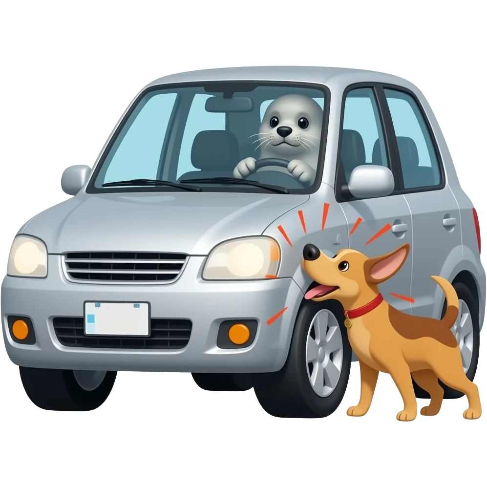 Seal driving a car and hitting a dog emoji