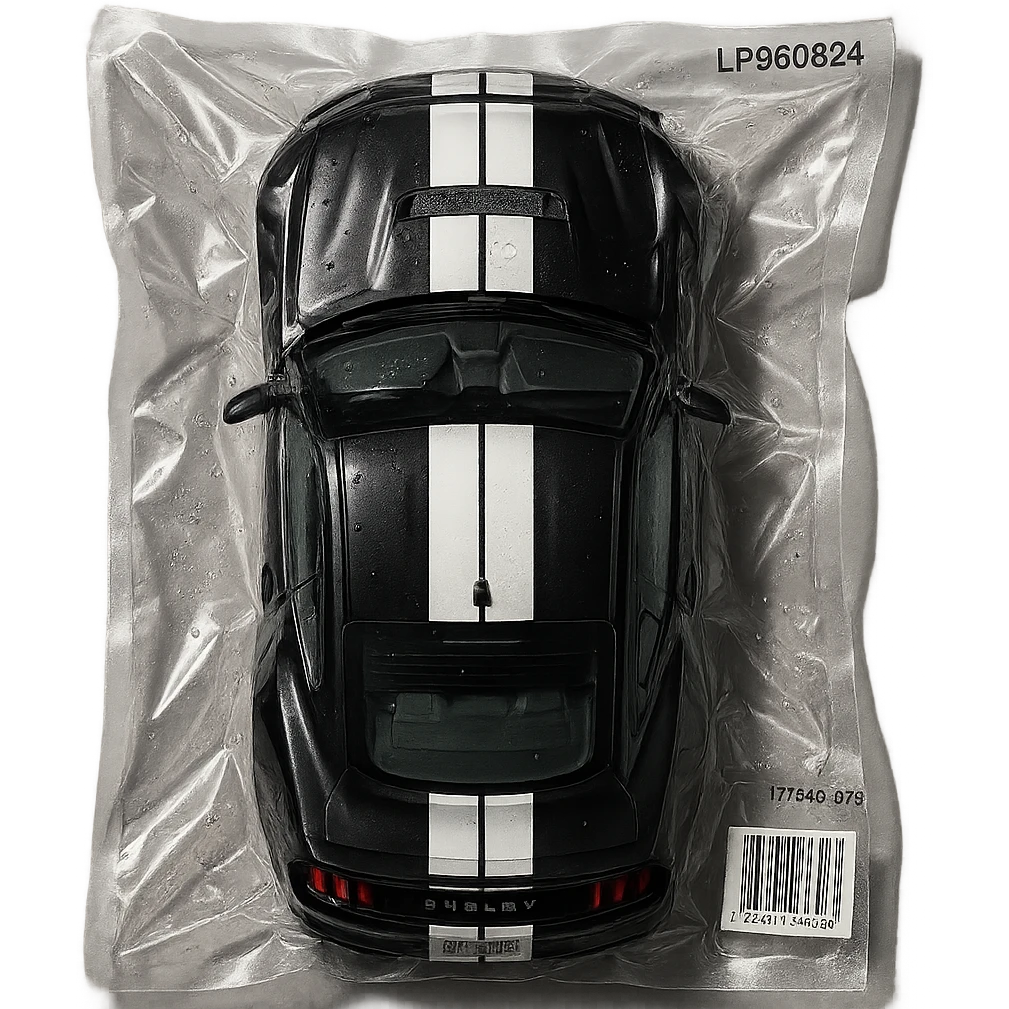 black Shelby Mustang GT 500, viewed from above, vacuum-sealed in clear plastic emoji
