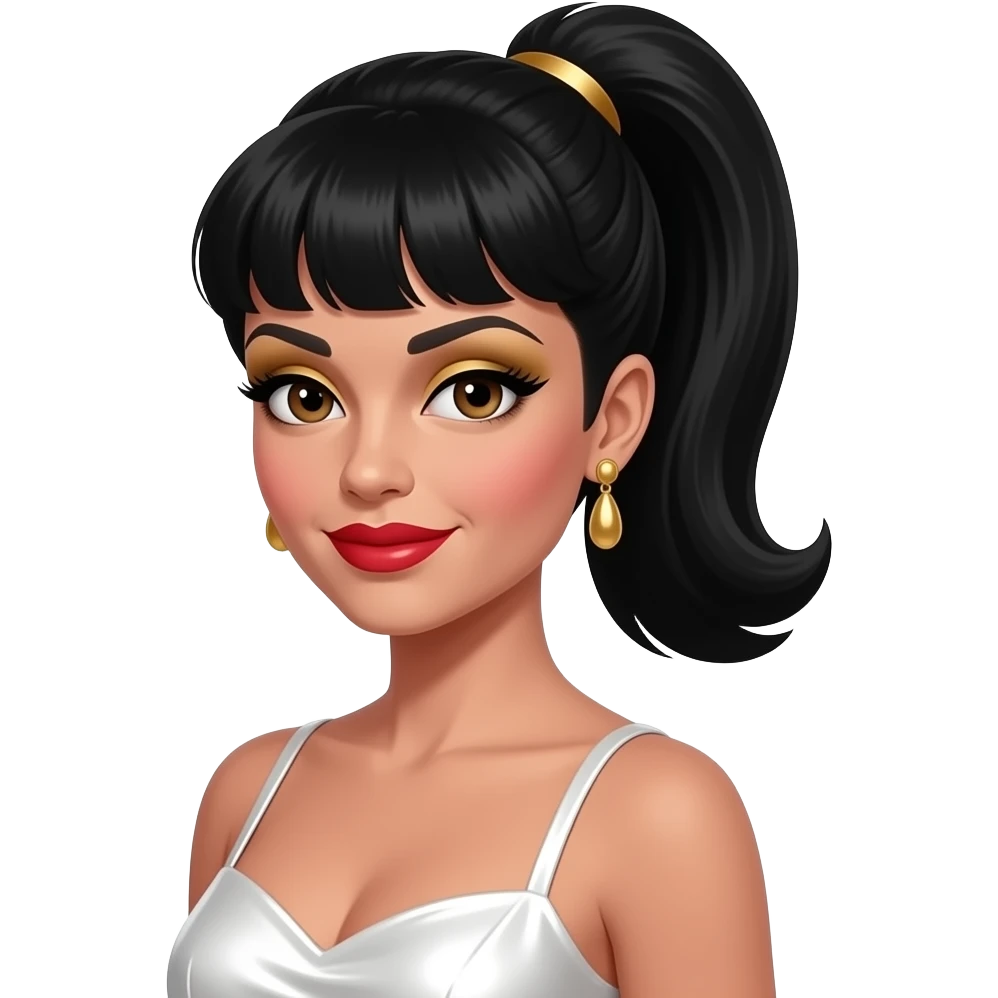 Eartha Kitt with dark brown eyes, black 60s high ponytail hair, gold eyeshadow, red lipstick, white metallic halter dress, earrings emoji