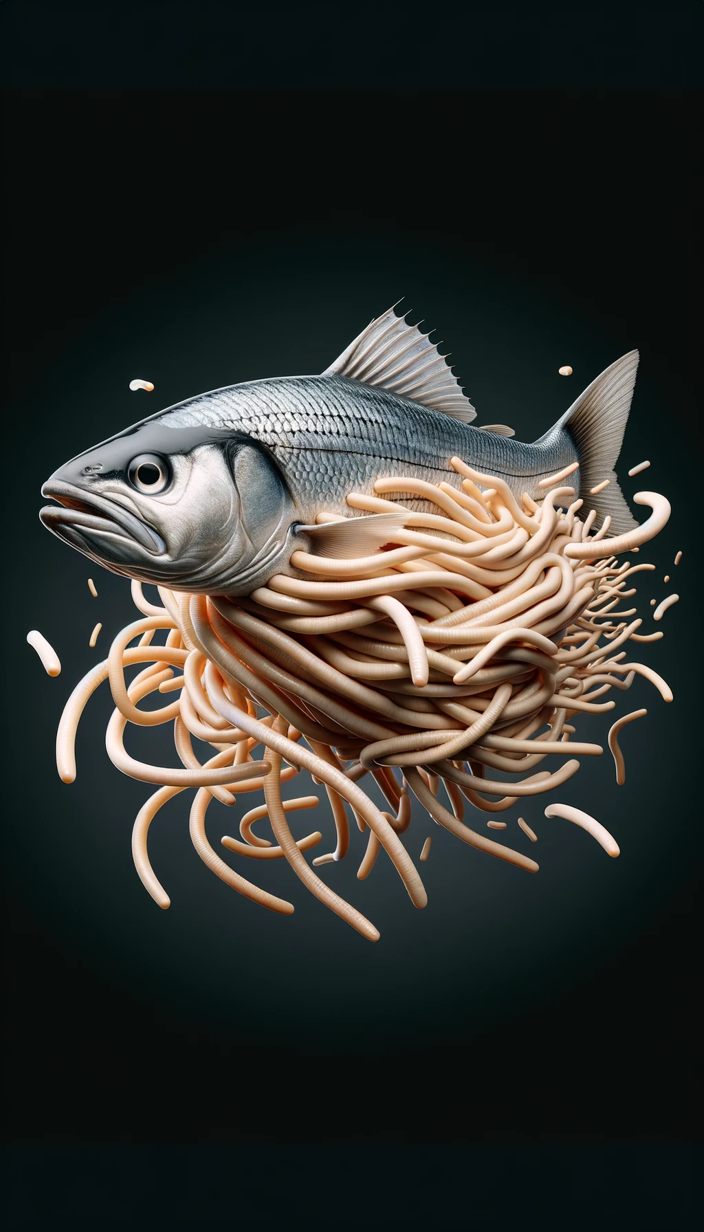 pesce crudo fluttua in aria insieme a dei lunghi vermi beige chiaro, iperrealistico 4k emoji