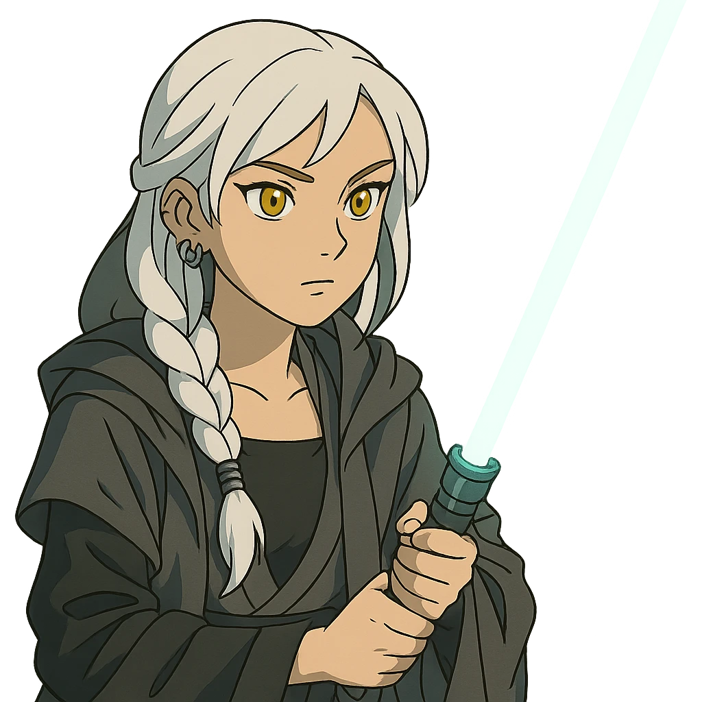  a closeup portrait of young woman with gold yellow eyes, white hair, long braid, black off-shoulder top, punk gothic style, futuristic cyberwave cyberpunk,  jedi attire and posture robes of a padawan, foreweilding a bright blue-green lightsaber emoji