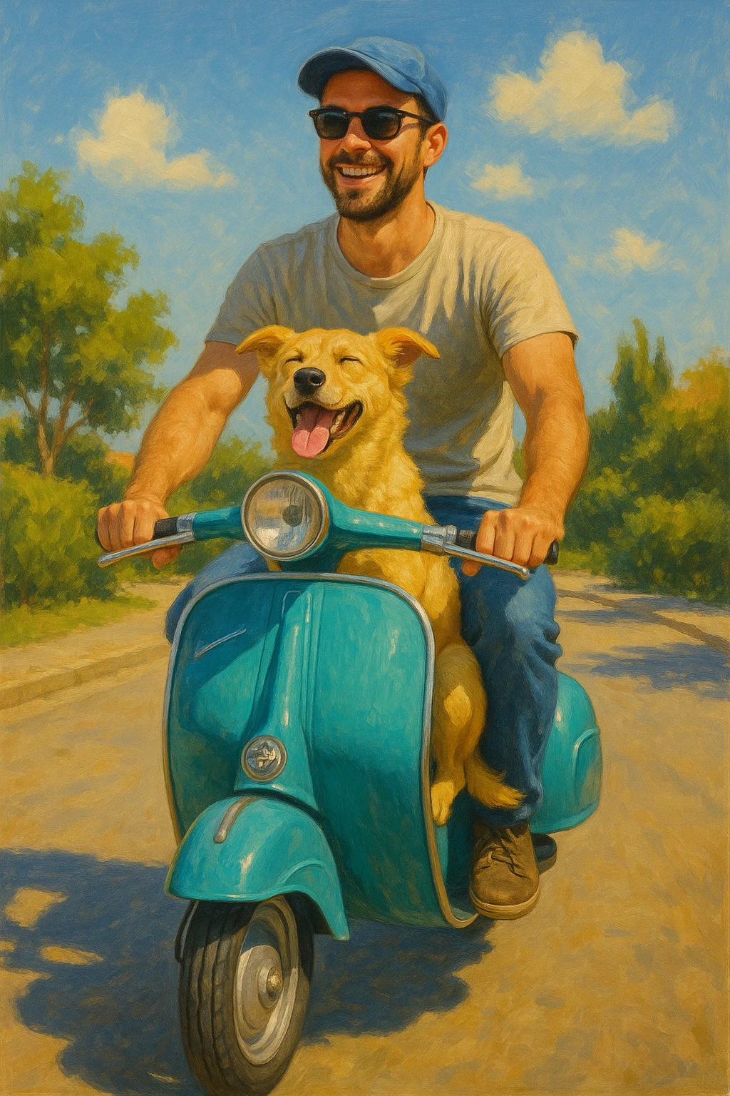 man and his pet dog riding a vespa emoji