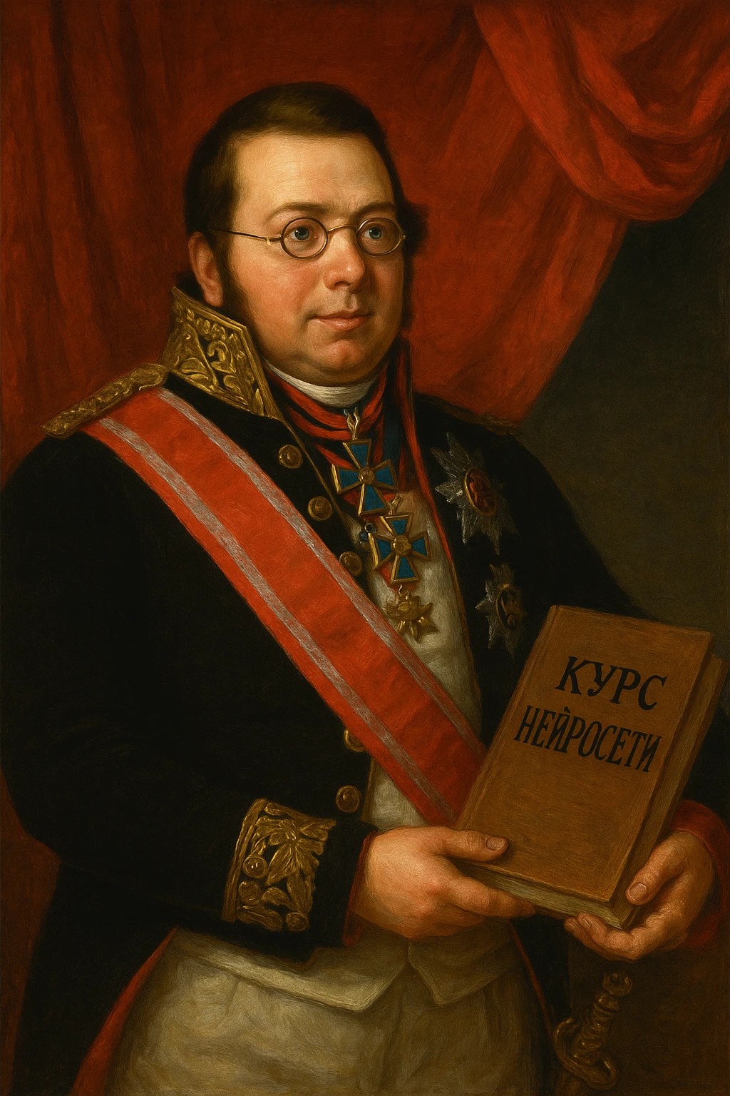 Павел Николаевич Демидов держит в руках книгу на которой написано Курс Нейросети рисованный стиль emoji