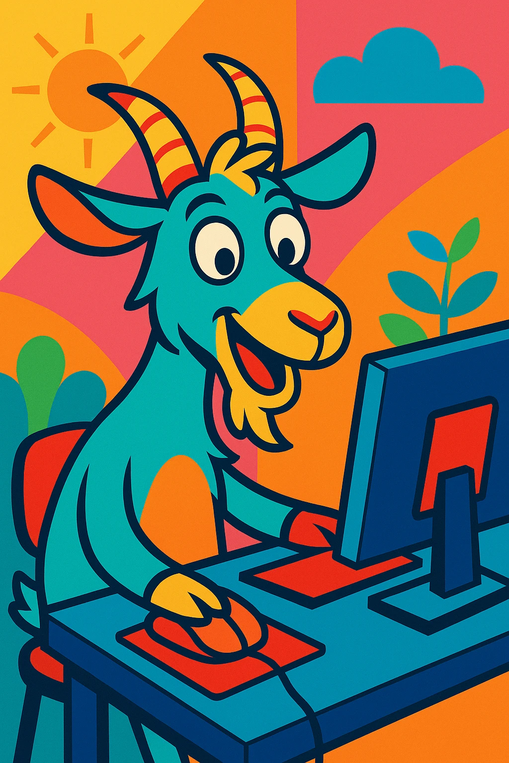 playful goat using a computer, vibrant toon style, colorful and lively emoji
