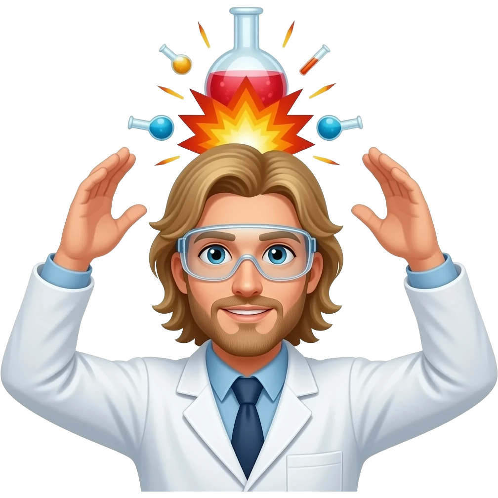 male scientist with long blond hair and no beard wearing googles experiencing a flask explosion by his head emoji