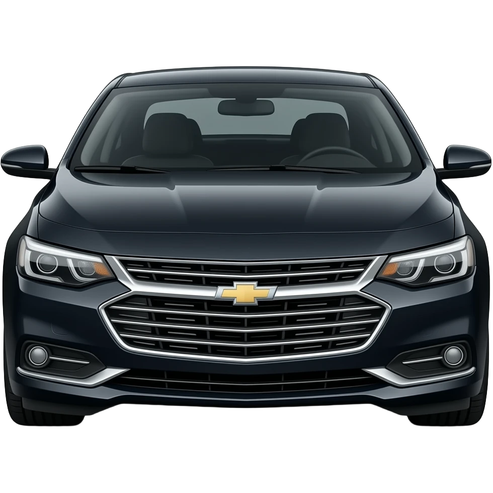 A realistic, high-detail photograph of a glossy black Chevrolet Malibu 2 Turbo Premier sedan with tinted windows, in the front car headlights and black alloy rims. emoji