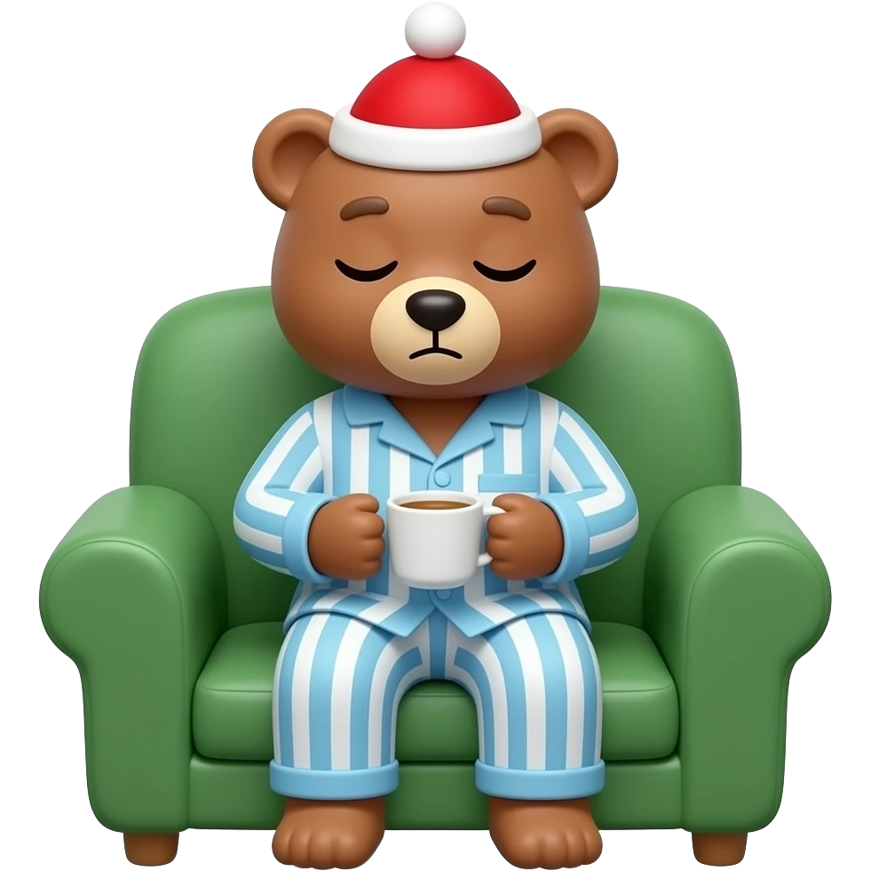 Three quarters view of an anthropomorphic Sleepy bear in green sofa chair holding a cup of hot tea depicted in a long light blue and white striped nightshirt and red nightcap with a red Pom Pom at the end of it emoji