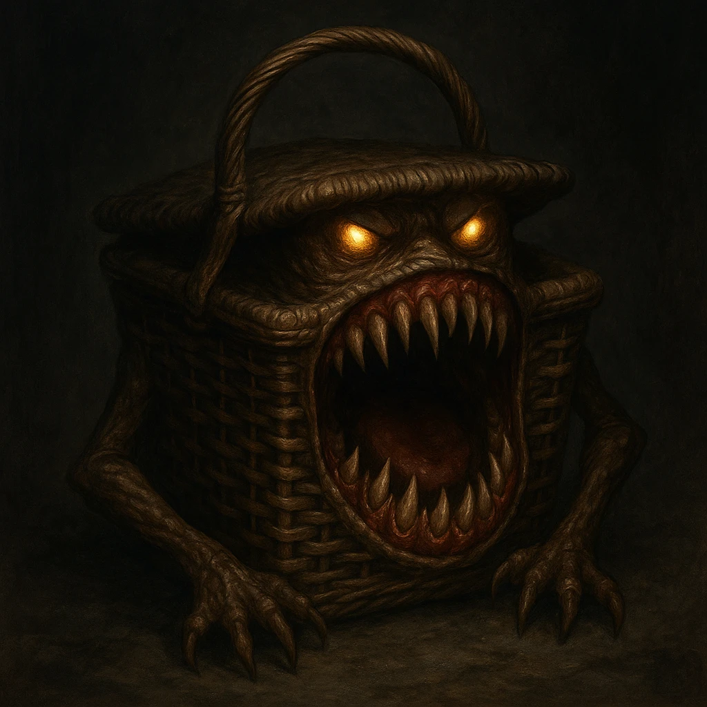 a realistic picnic basket mimic with the lid transformed into a gaping mouth full of jagged teeth, glowing eyes on the handle, and claws gripping the sides, fantasy horror style emoji
