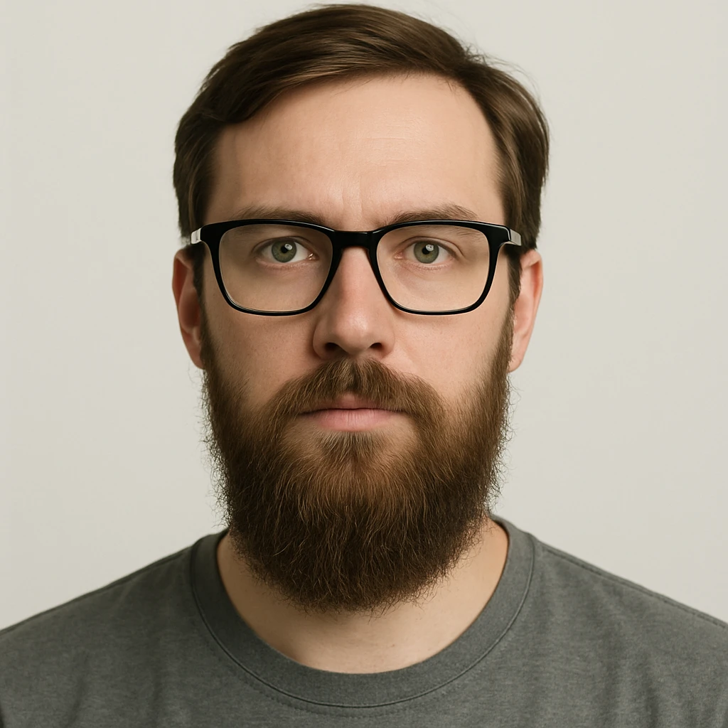 simple portrait of a white male in his mid 30s with green eyes, black square glasses, long brown beard, medium brown hair, neutral expression emoji