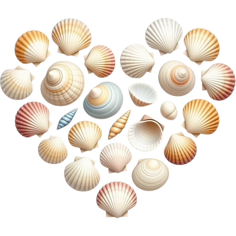 Seashells on sand in the shape of a heart emoji