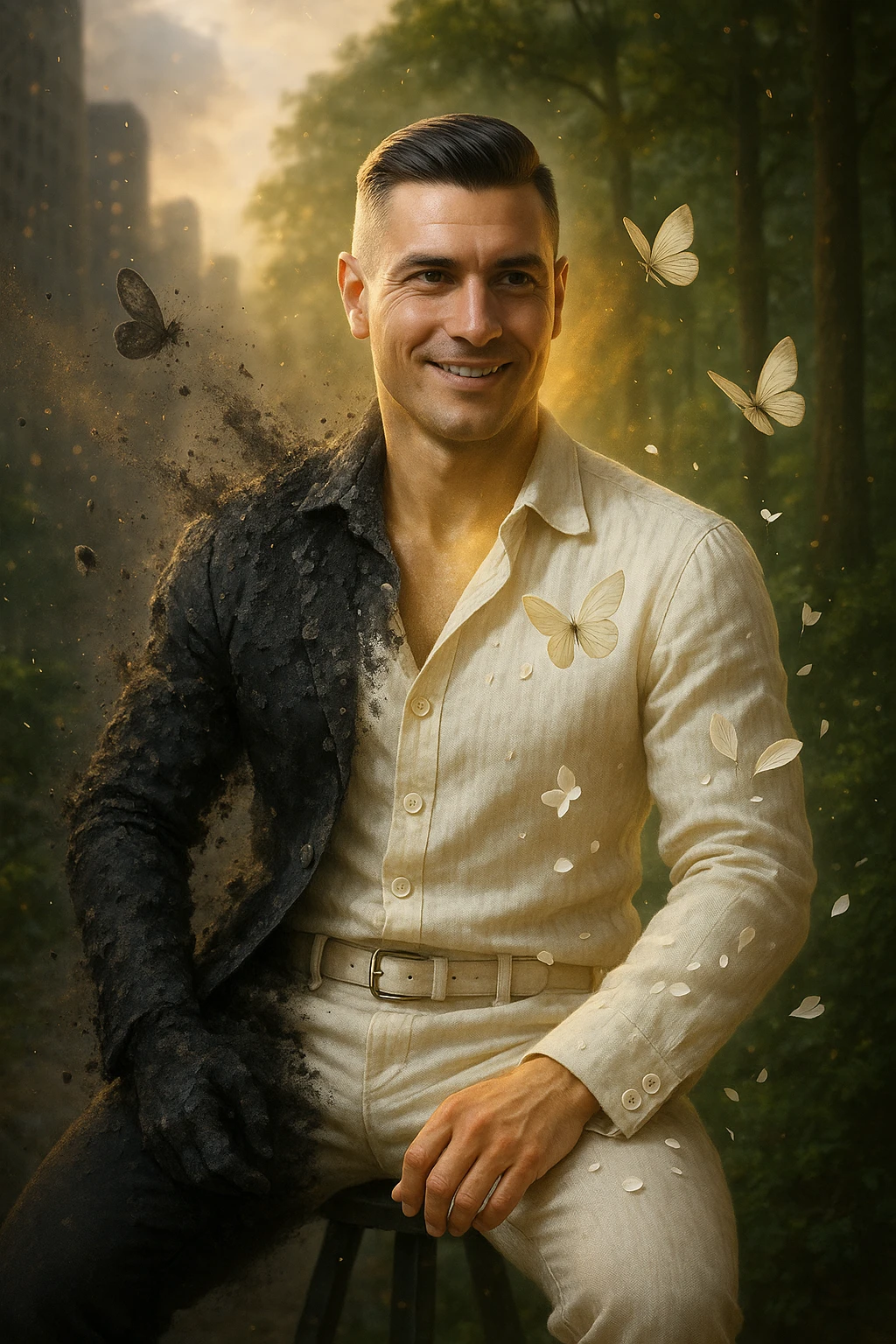Trasformazione cinematografica: uomo d'affari in giacca sintetica nera che si sfalda come cenere, mentre da dentro emerge una nuova versione di sé vestita di lino color avorio, farfalle che nascono dalle fibre di cotone biologico, petali di fiori che si trasformano in bottoni di madreperla, capelli che diventano più folti e luminosi al contatto con tessuti naturali, pelle che letteralmente respira vapore dorato, city background che si trasforma in foresta rigogliosa, slow motion epico con particelle di luce danzanti emoji