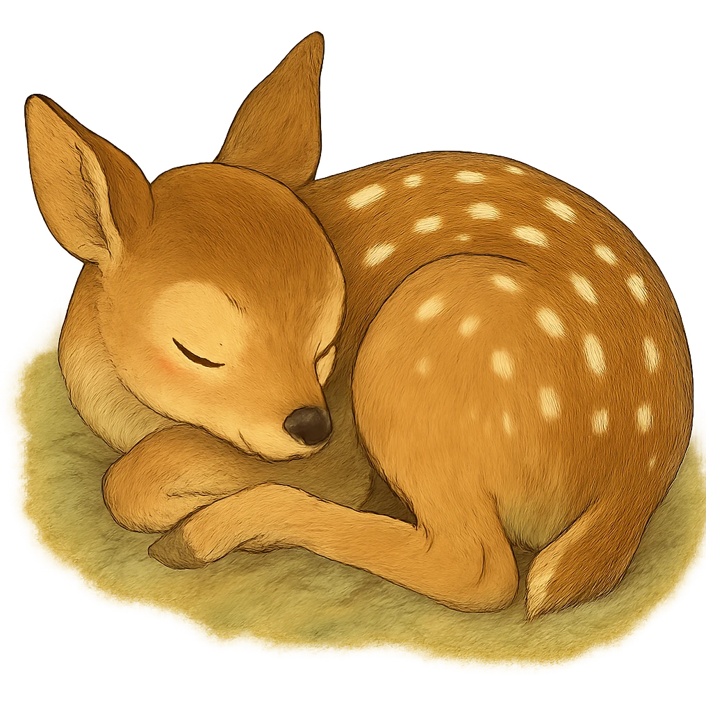realistic baby fawn curled up sleeping, natural colors, soft, fairy-like atmosphere, no background, square size emoji