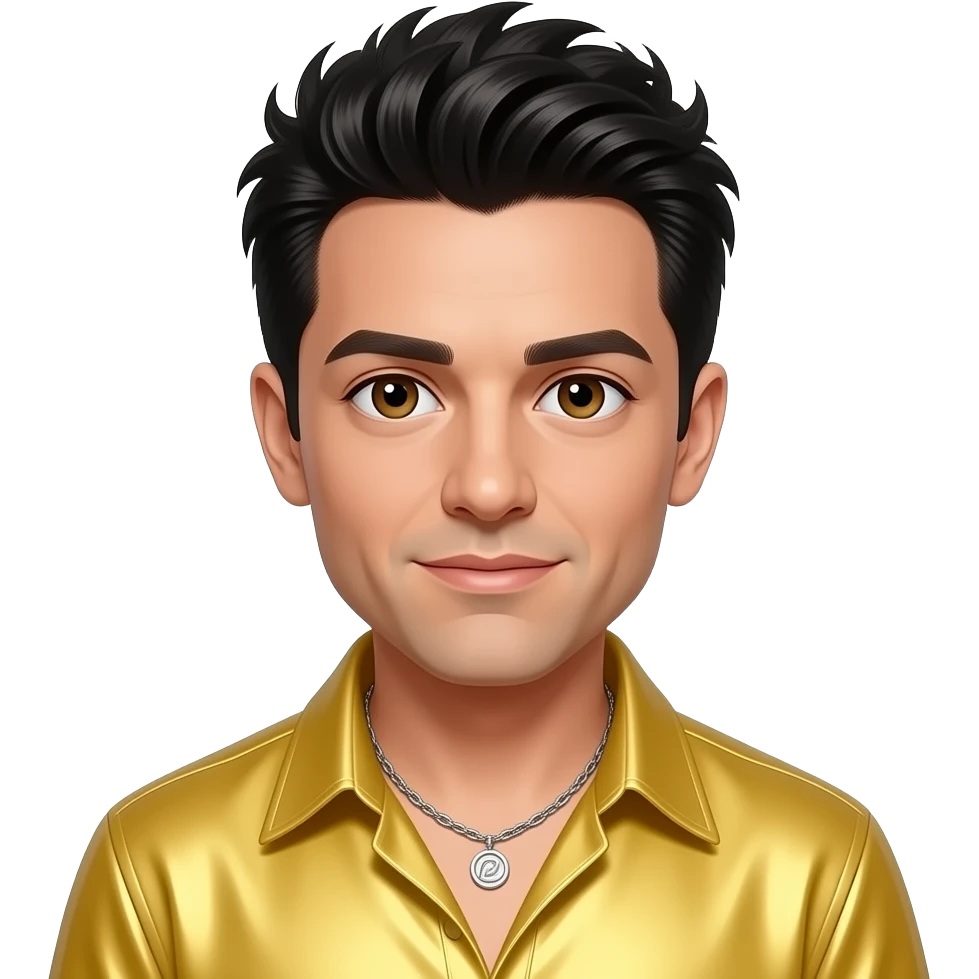 Jonathan Knight from NKOTB with hazel eyes, black 90s tousled cut hair, yellow metallic shirt, necklace emoji