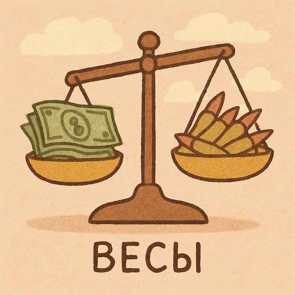 Весы, на одно чаше куча пачек долларов, на другой куча пуль emoji