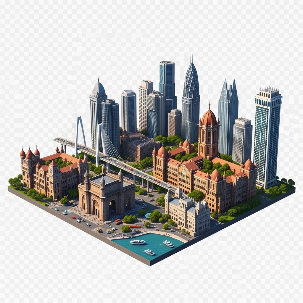 Isometric miniature of Mumbai city, featuring iconic landmarks like Gateway of India, Bandra-Worli Sea Link, Chhatrapati Shivaji Terminus, and skyscrapers, 3D miniature effect and Tilt Shift effect, no cartoonish look, transparent background. emoji