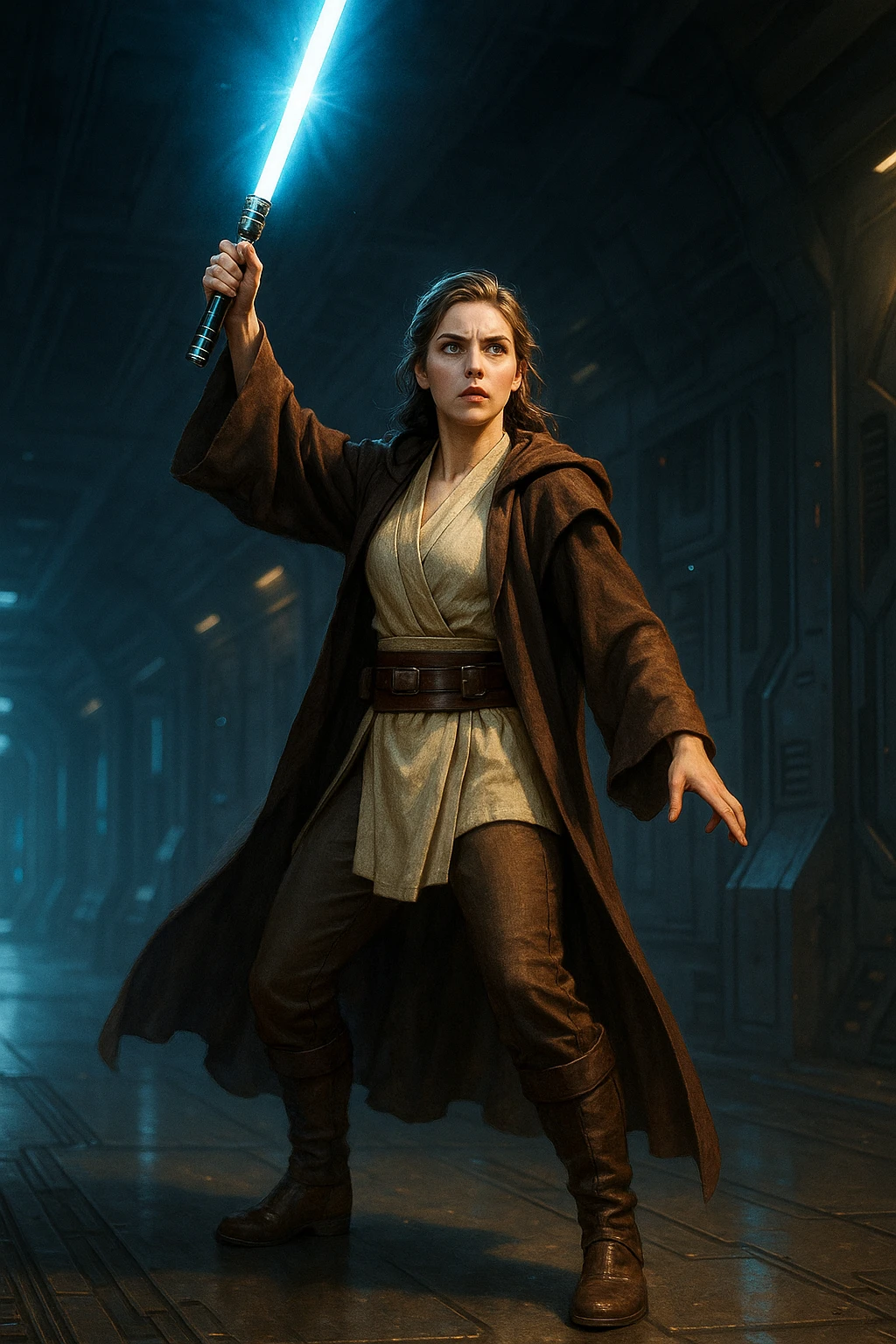 full body female Jedi holding a lightsaber high above her head in a heroic stance, glowing lightsaber, futuristic setting emoji