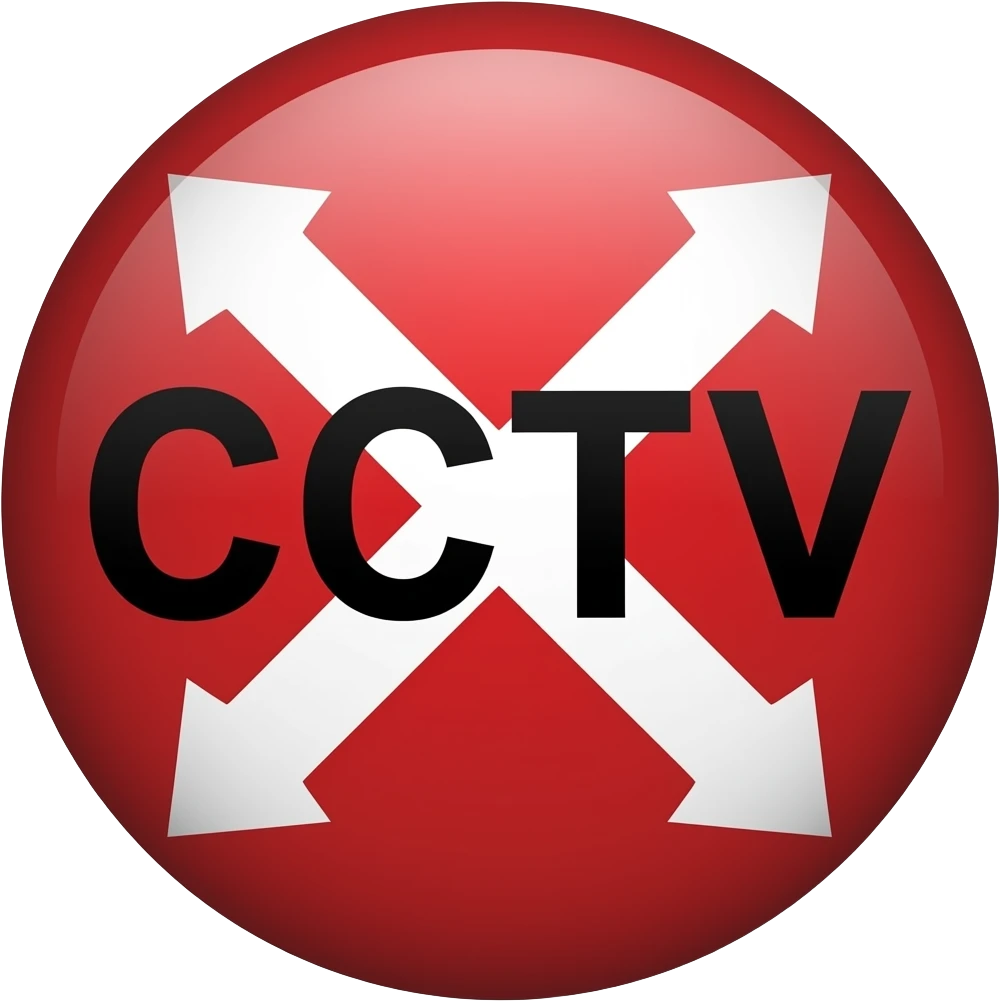 Red filled circle with white X and arrow end points on the X. Big CCTV word in the centre in black emoji