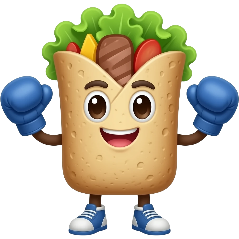 A living doner kebab emoji character, fully made of kebab (bread, meat, salad visible), wearing boxing gloves, no human features, cute competitive face, glossy emoji style emoji