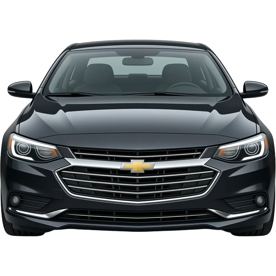 A realistic, high-detail photograph of a glossy black Chevrolet Malibu 2 Turbo Premier sedan with tinted windows, illuminated headlights on the front, and black alloy rims. emoji