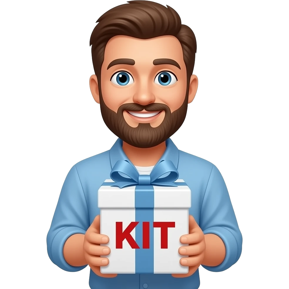 white gift box with word "KIT"with happy man with beard emoji