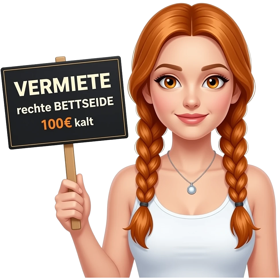 sexy girl with long ginger braids and ginger eyes wearing a white tanktop is holding a black sign with VERMIETE rechte BETTSEITE 100€ kalt written on it emoji