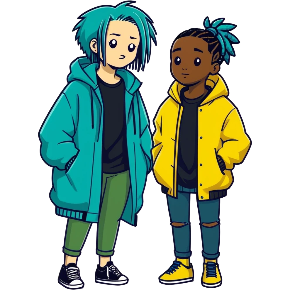 White girl with short teal hair wearing a black tee shirt with a black guy with black dreads wearing a dark blue tee shirt with puffy yellow coat emoji
