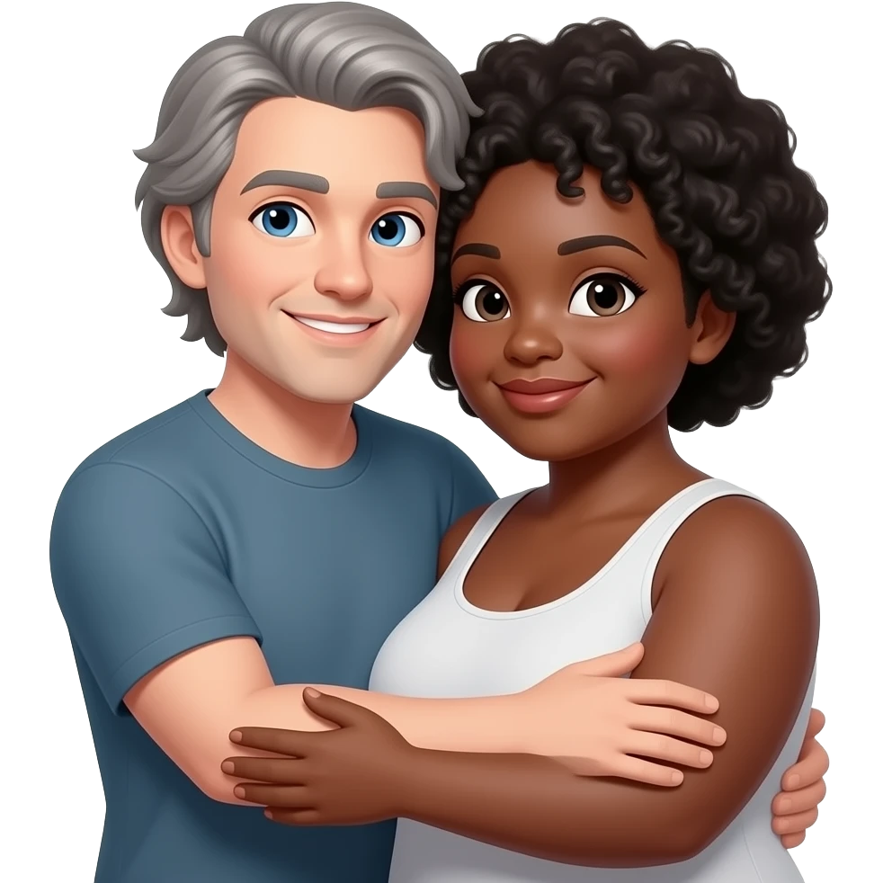 Medium build, white male, medium hair with some grey and blue eyes hugging plus size black woman with short length Afro hair, some gray emoji