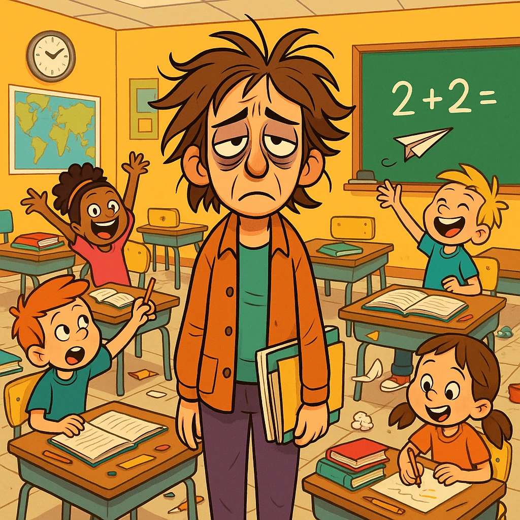 digital cartoon art of a exhausted teacher in a bustling classroom emoji