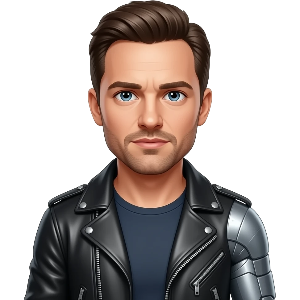Sebastian Stan with  a leather jacket and one metal arm emoji
