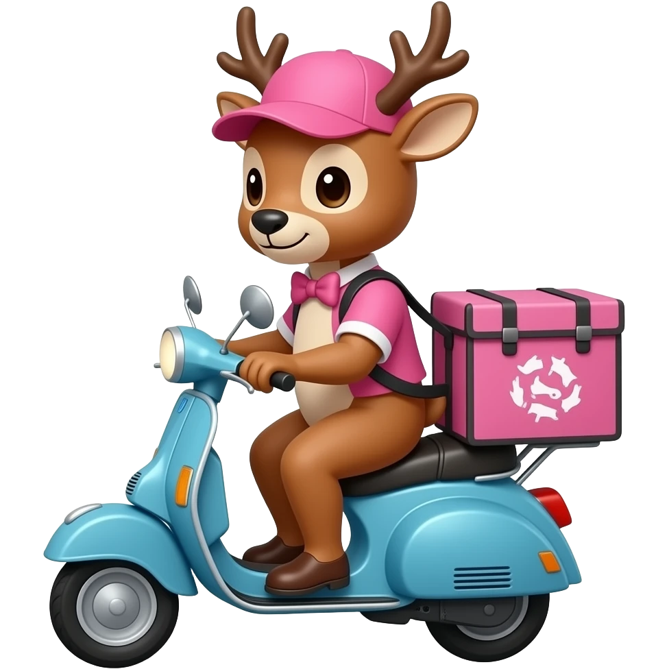 generate a deer that is wearing a pink bow and pink hat. but the horns are damaging the hat  who works as a courier on a blue scooter emoji
