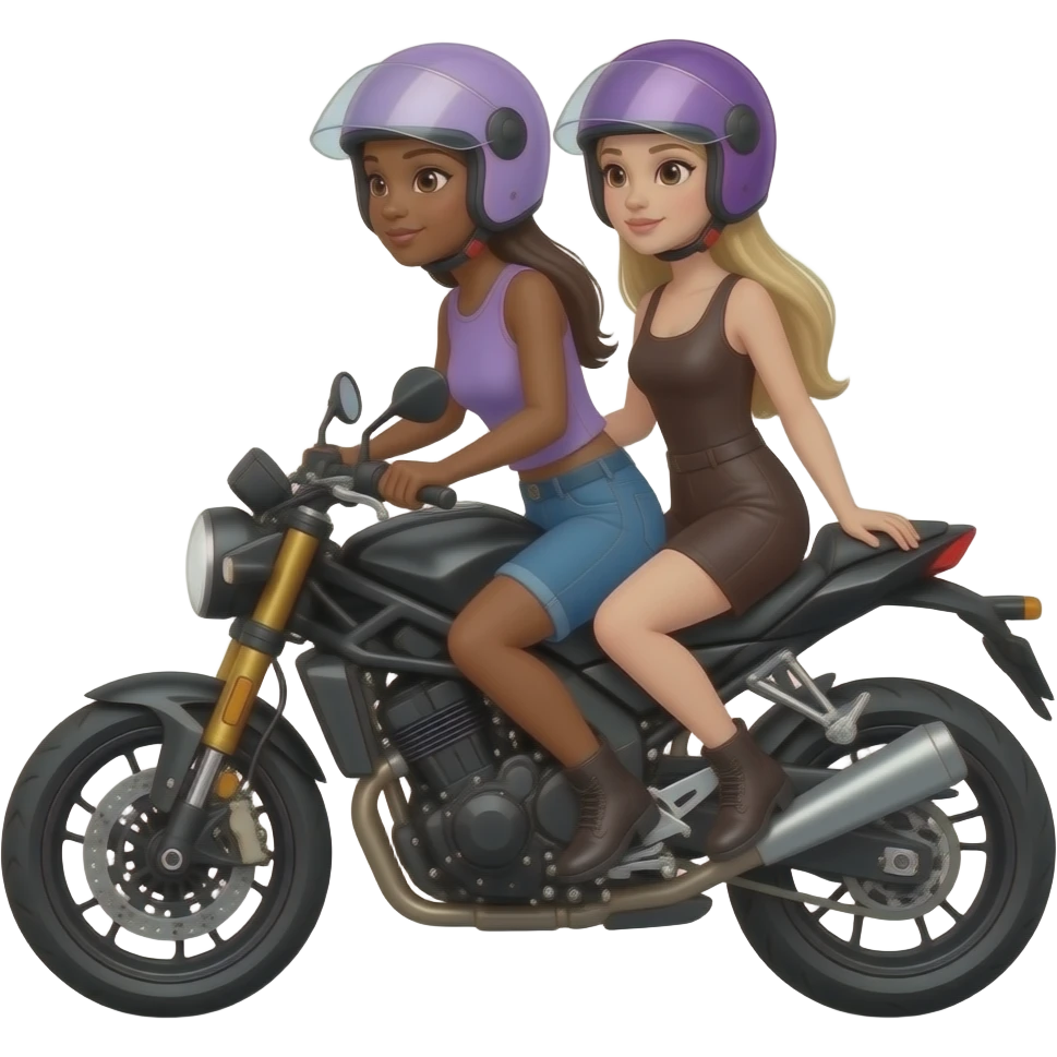 Mujer de tez morena y mujer blanca de cabello lacio largo con casco color lila y moradoen moto negra emoji