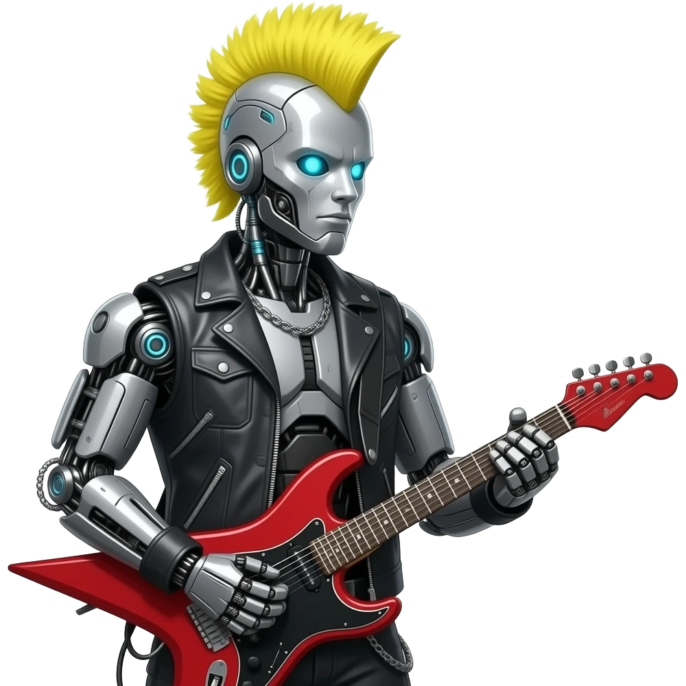 cyberpunk heavy metal rockstar robot, yellow mohawk,  red mechanical sci-fi electric guitar, close up bust size emoji