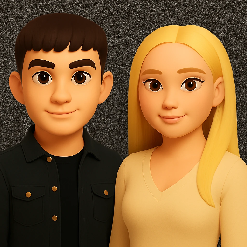 Make the people in the image stand slightly farther apart from each other while preserving the original style and background. emoji