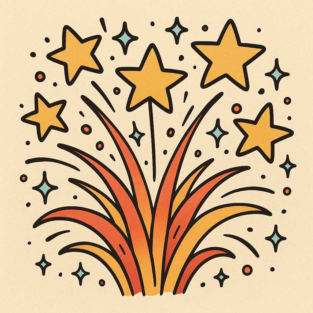 cartoon-style firework bursting with stars and sparkles, playful, bold colors, festive emoji