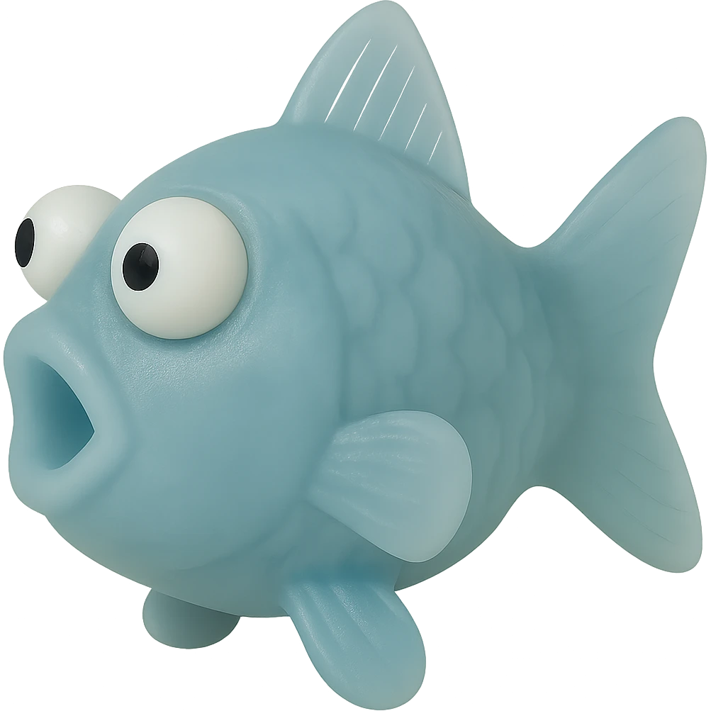 Rotate the fish so it is facing directly to the side (90 degrees from the camera). Remove the tag. Keep the body see-through, semi-transparent blue plastic with eyes derpy and going in opposite directions. No background. Render in a hyper-detailed, soft plastic 90's toy look with soft reflections, soft and squishy texture, some cloudiness, not shiny, highly detailed and appealing. emoji