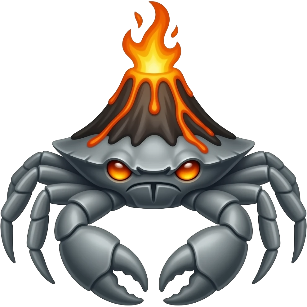 Gray A crab with a volcano on its back with lava dripping down from it with glowing orange eyes emoji