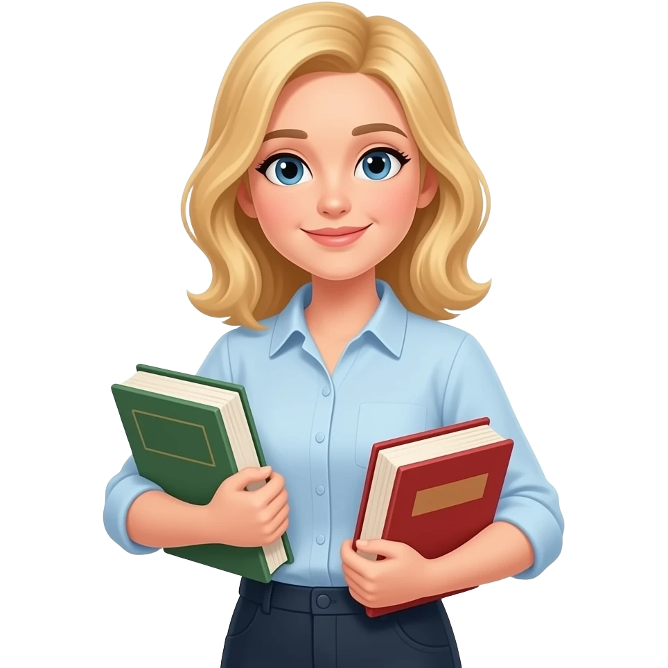 female librarian with blonde hair holding books less formal emoji