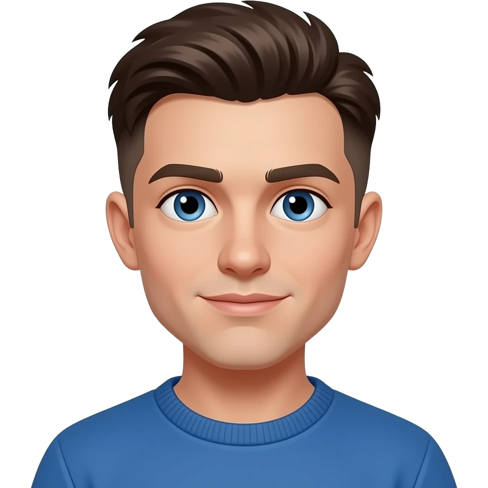 BW - young man, blue eyes, early 20s, light brown skin fade floppy 3cm on top hair, blue jumper emoji