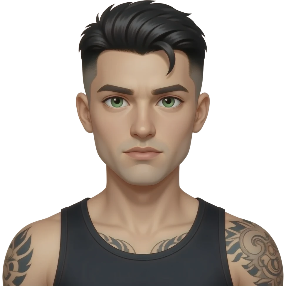 jeune gars mystérieux dark, cheveux noir de jais low taper fade, yeux verts, musclé, tatoué, fossette, peau blanche très très très pâle emoji