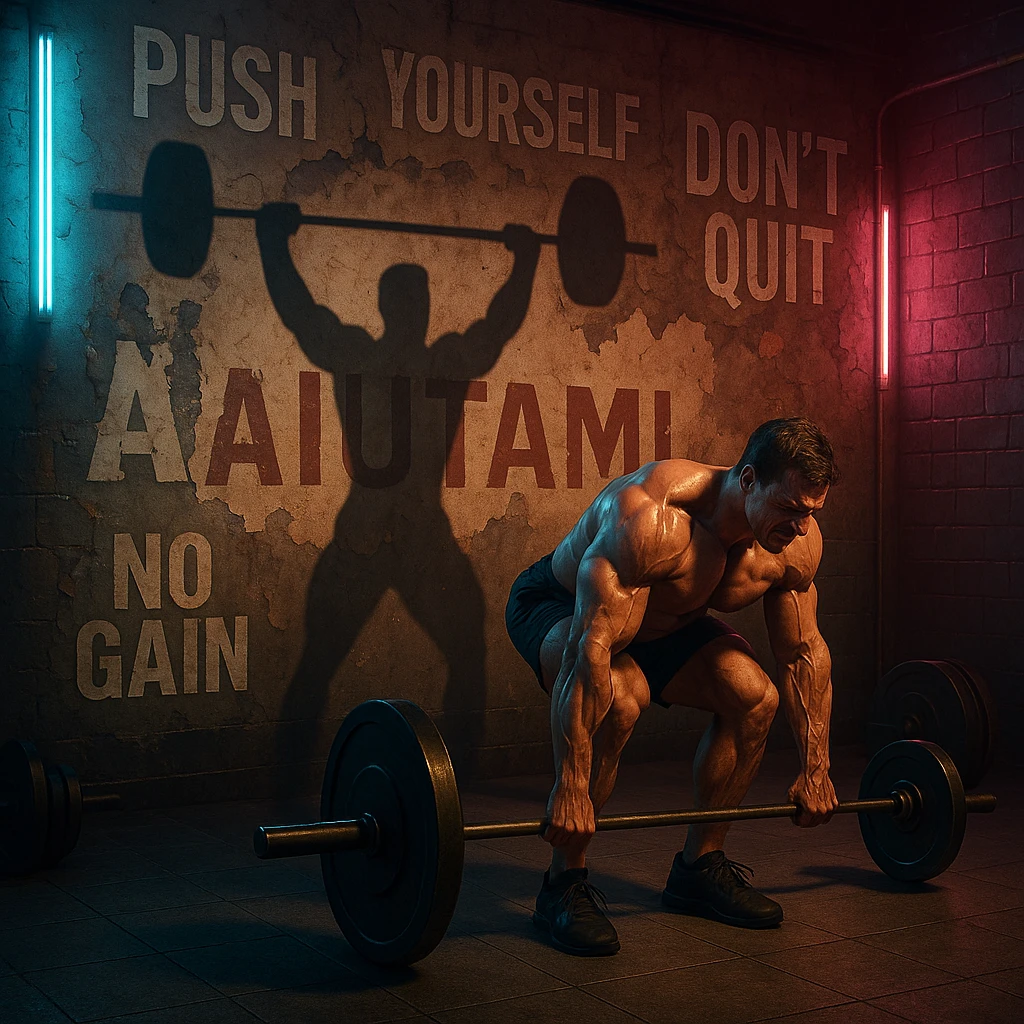 hyperrealistic scene in a neon-lit gym with a muscular bodybuilder struggling to lift empty barbells, his shadow on the wall performing perfect lifts, gym walls covered with peeling motivational quotes revealing the word 'Aiutami' underneath, dramatic, symbolic, emotional realism, detailed lighting emoji