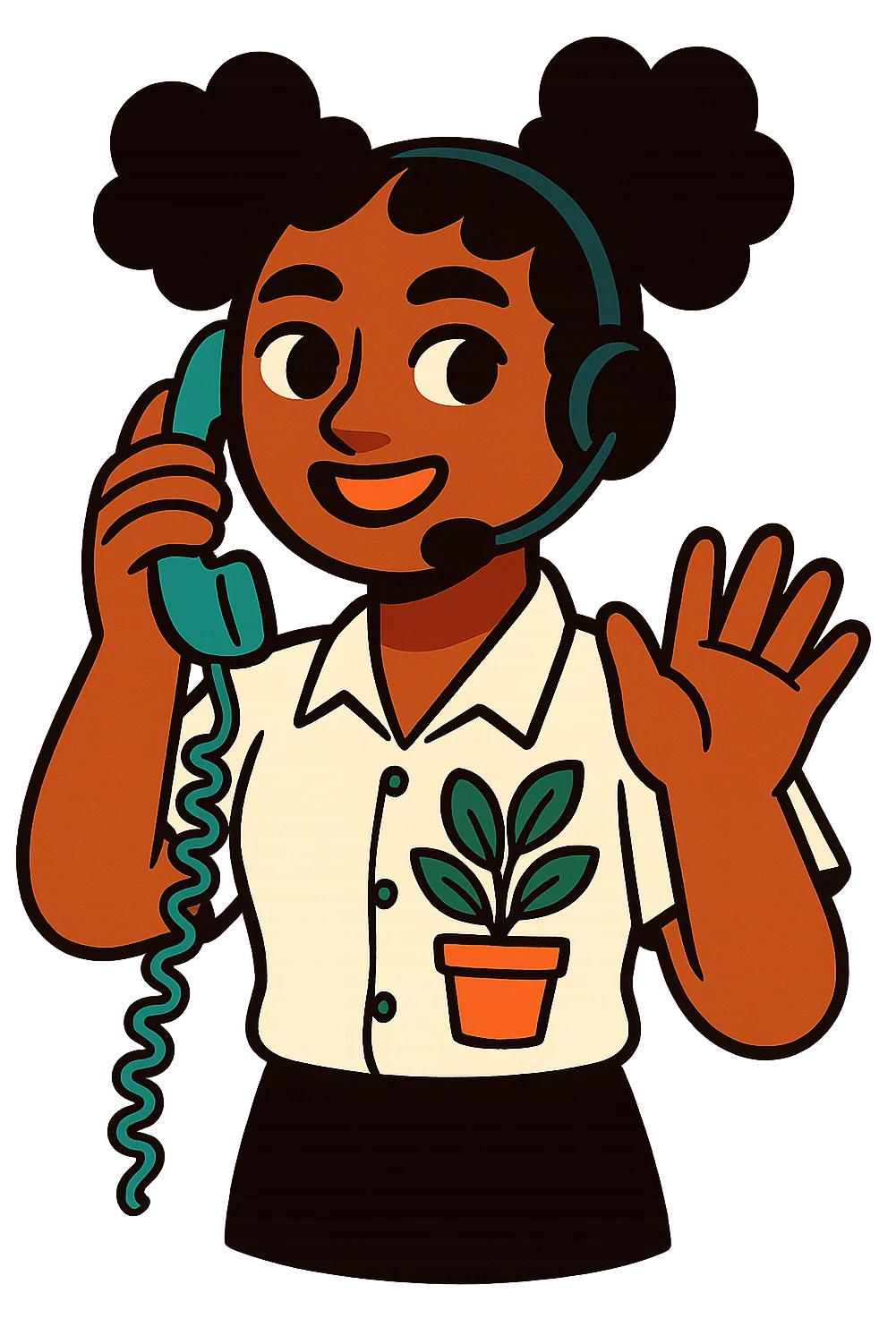 young brown-skinned telemarketing attendant wearing a white uniform blouse with a plant image printed on the uniform, vibrant illustration style, expressive emoji