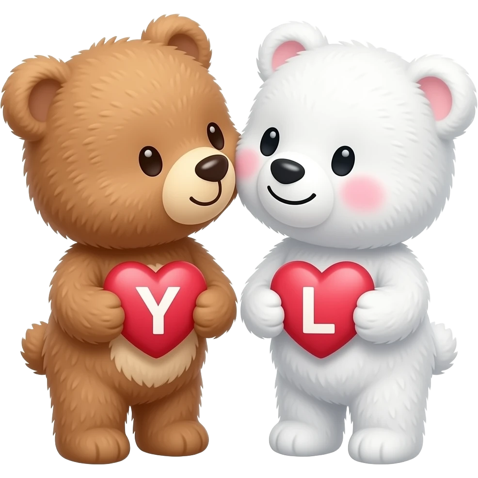 I want one light brown bear teddy kissing on cheek white bear teddy both holding heart , both a little furry, the  white bear blushes and smiles , add letter Y to the heart of the brown bear and letter L to the heart of the white bear emoji