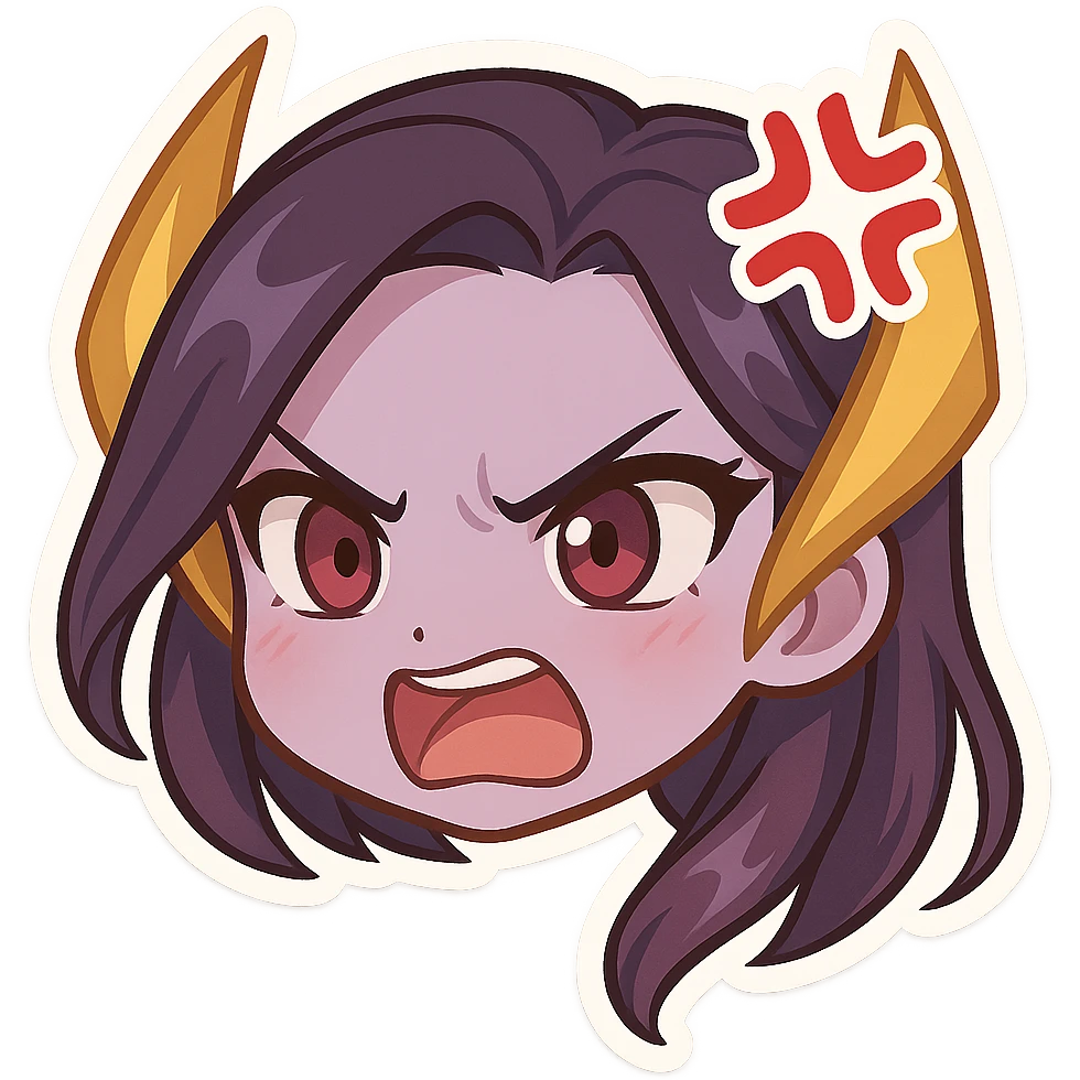 Kaisa from League of Legends, angry emote, chibi style, only head, alternate expression emoji