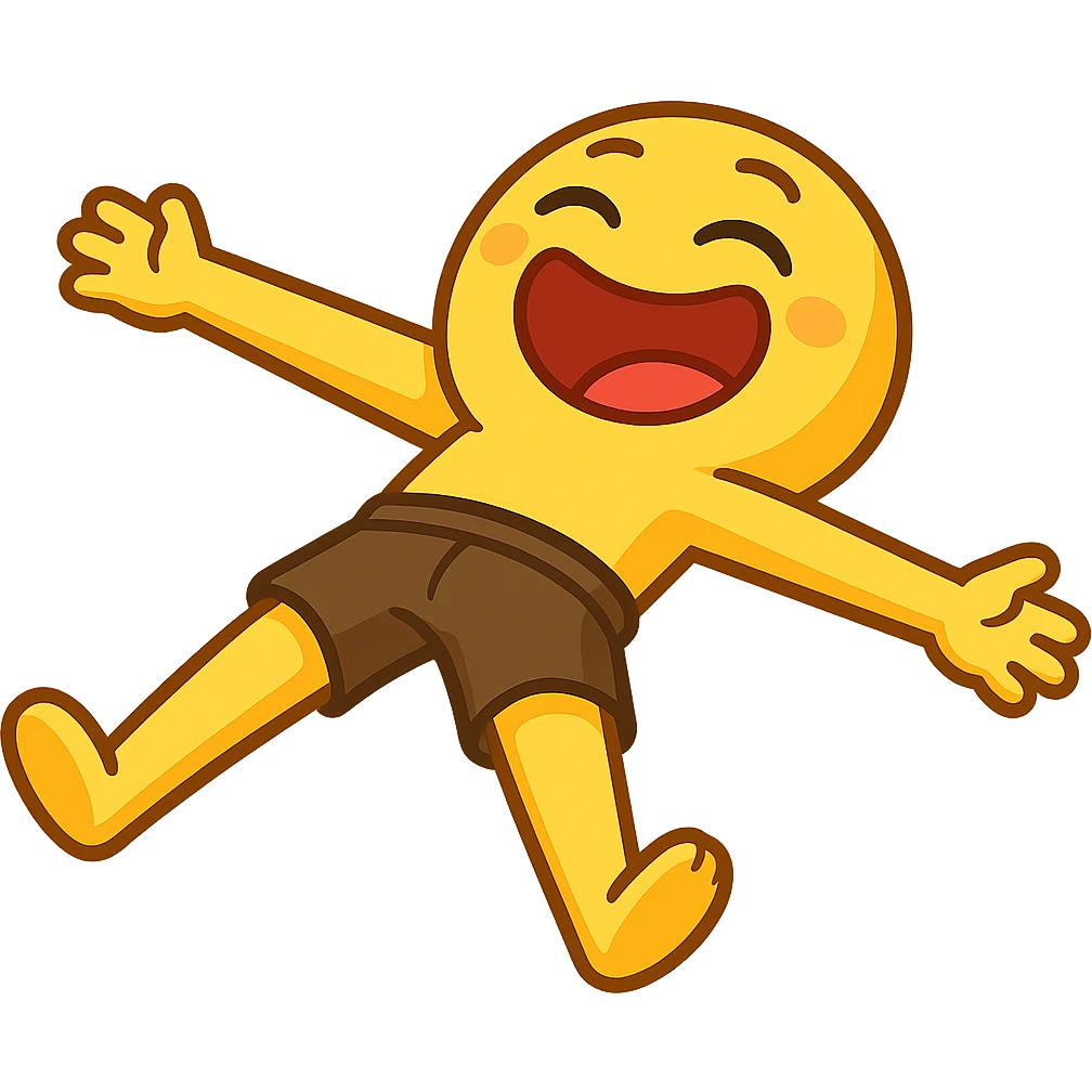 Transform the person lying spread eagle on the ground into a silly, lighthearted cartoon emoji style. Keep the pose exactly the same but use a simple, expressive emoji-like face with bright, playful colors. Remove any bruises or dramatic details to make it feel fun and silly like a playful emoji. emoji