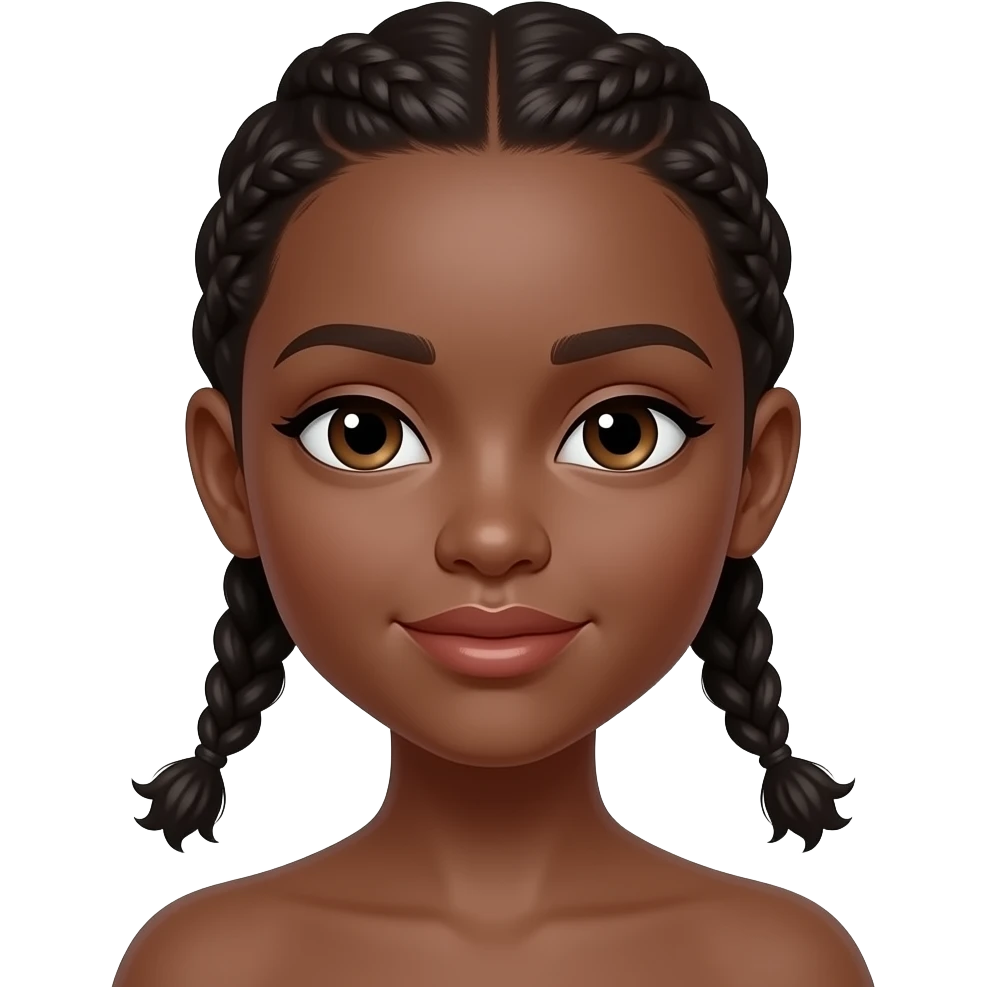 Dark-skinned girl with smooth skin, full lips, almond-shaped eyes, slightly hooded eyelids, defined natural brows, small rounded nose, soft cheek structure, oval-round face, neat small braids with curly ends framing the face. emoji