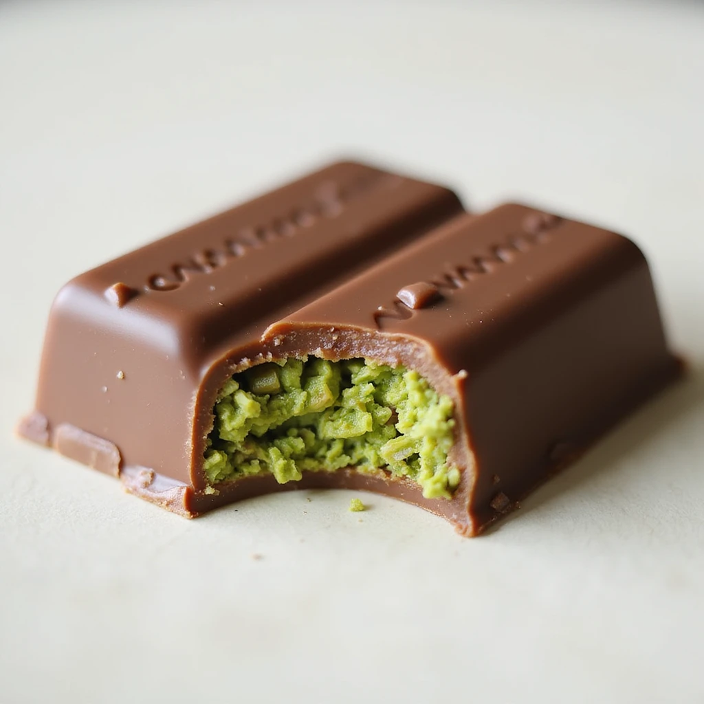 realistic chocolate bar shaped like the viral Dubai chocolate, with a bite taken out of one corner revealing a vibrant green pistachio kataifi filling (shredded pastry and pistachio) inside, on a clean background emoji