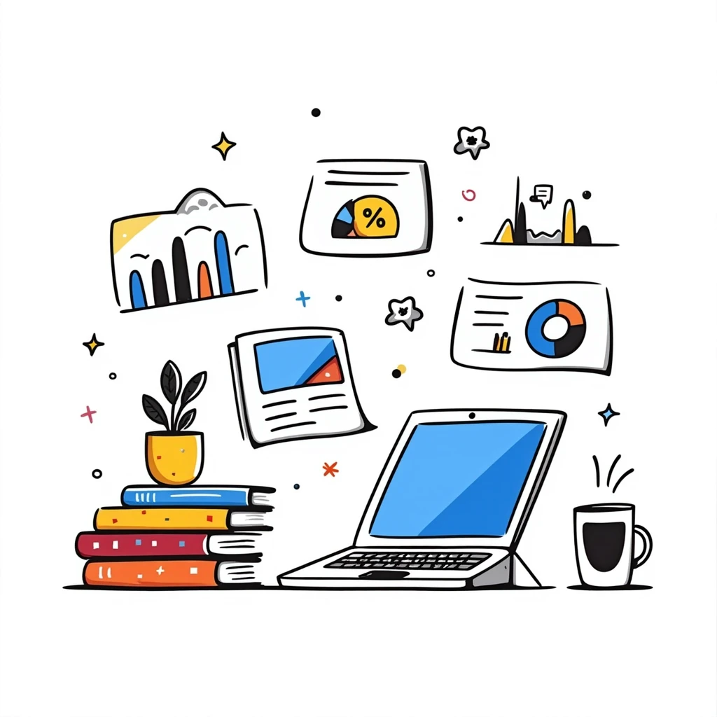 Academic research illustration showing a desktop with laptop, stacked reference books, coffee mug, and analytical charts and graphs. Hand-drawn colorful doodle with blue screen, vibrant book covers, and colorful data visualizations. emoji