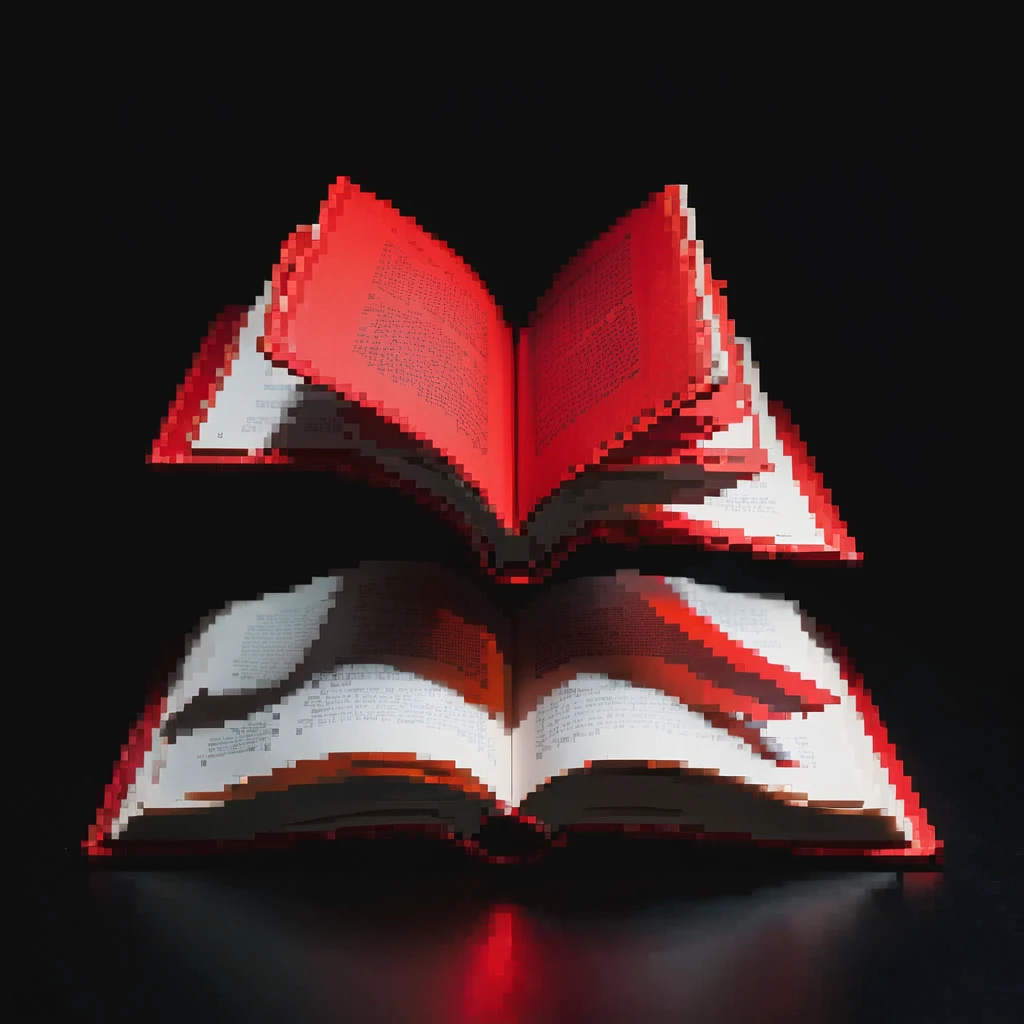 pixel art floating red book with pages turning, dark background, more dramatic lighting emoji